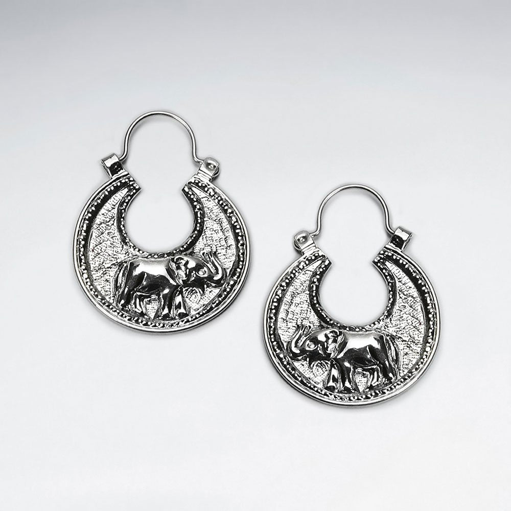 Elegant Elephant Textured Disc Hoop Earrings