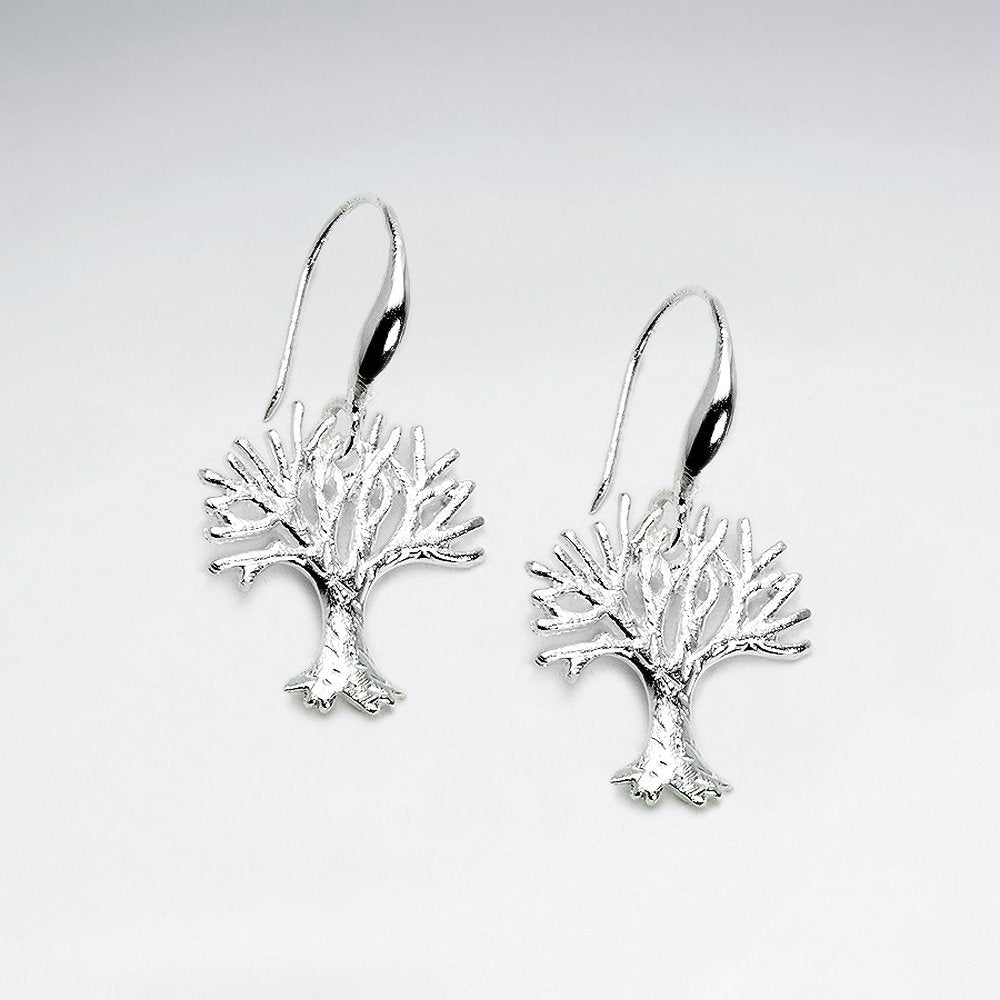 Polished Silver Bare Branch Tree of Life Dangle Hook Earrings