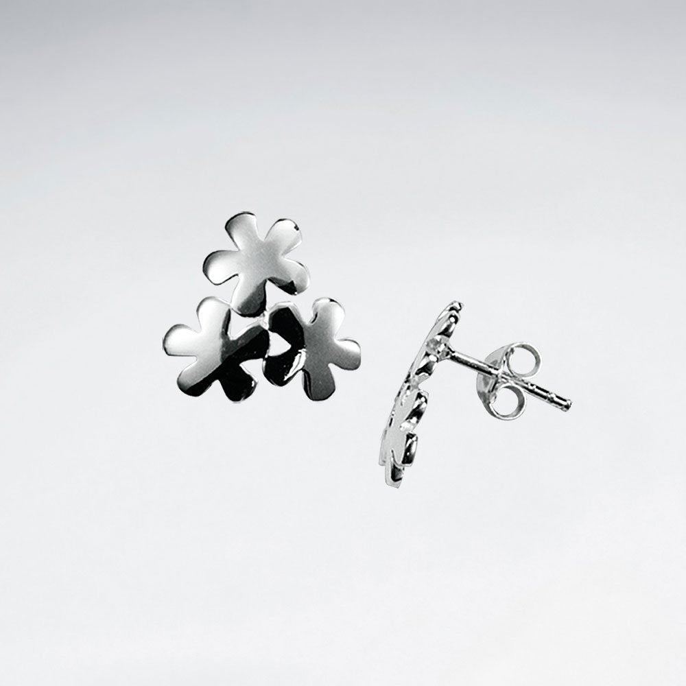 Polished Silver Triple Cluster Flower Stud Earrings
