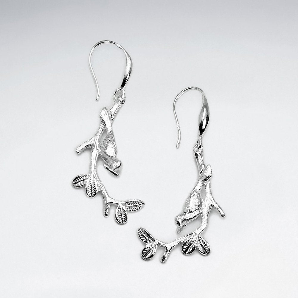 Sterling Silver Branch With Leaves Dangle Hook Earrings