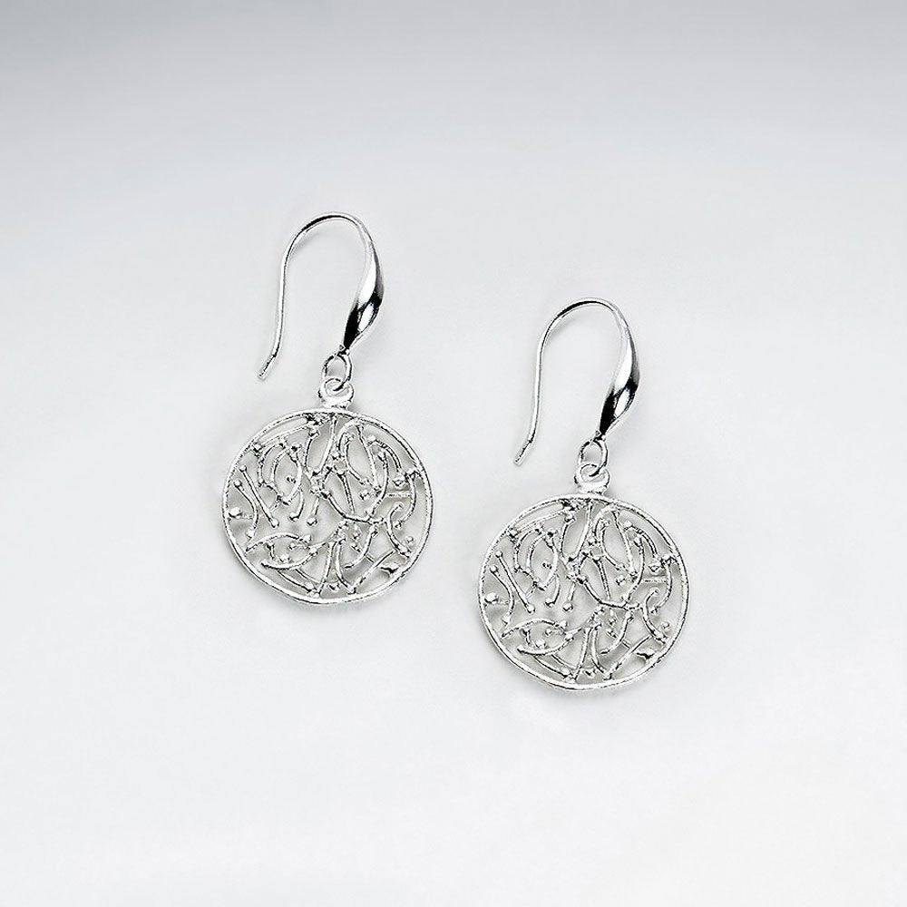 Silver Filigree Medallion Circle Dangle Hook Earrings