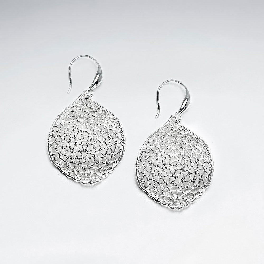 Solid Textured Sterling Silver Round Pointed Oval Dangle Earrings