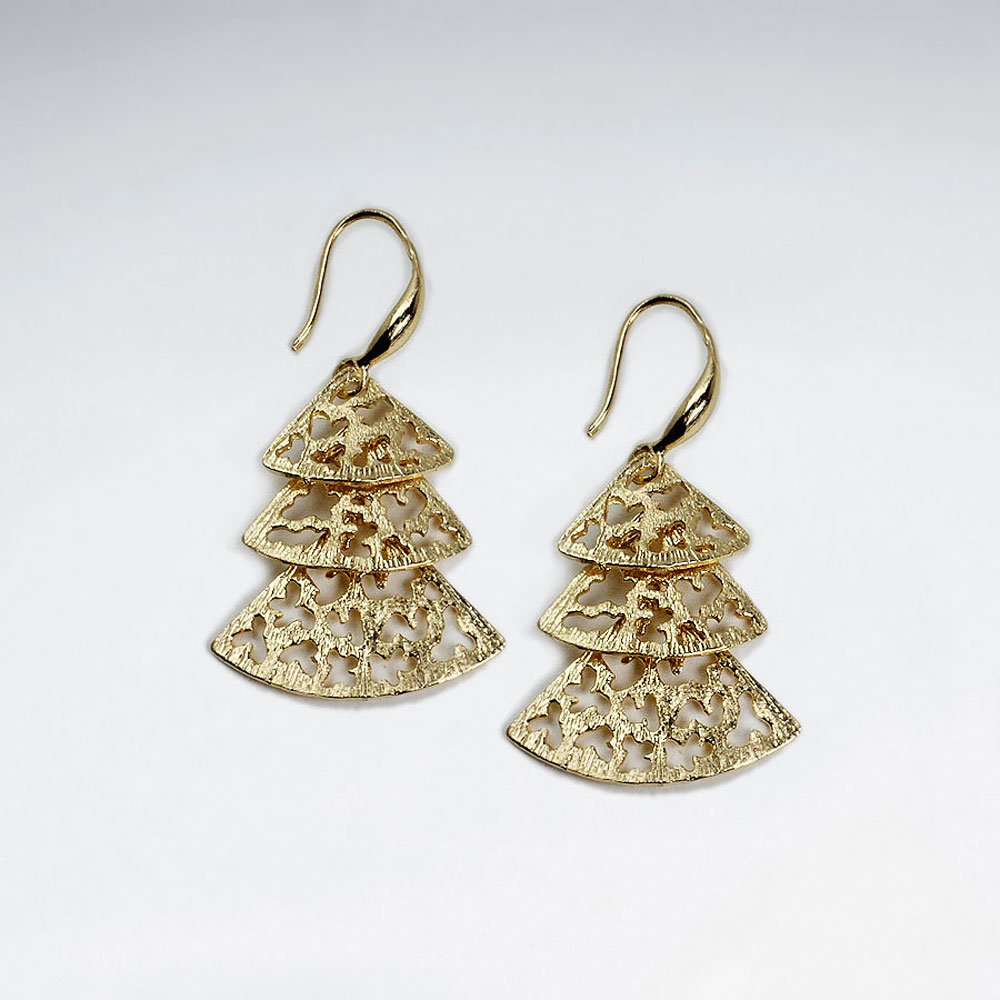 Triple Fan Tiered Filigree Dangle Drop Earrings in Silver