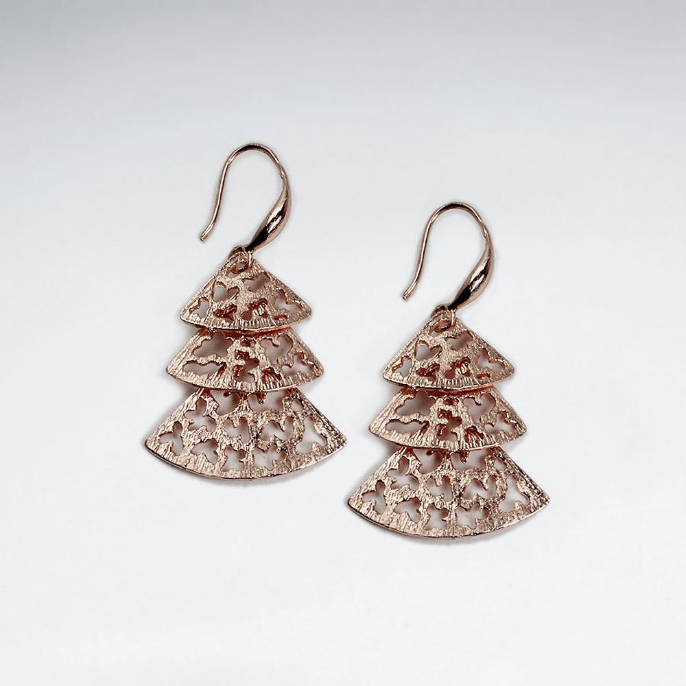 Triple Fan Tiered Filigree Dangle Drop Earrings in Silver