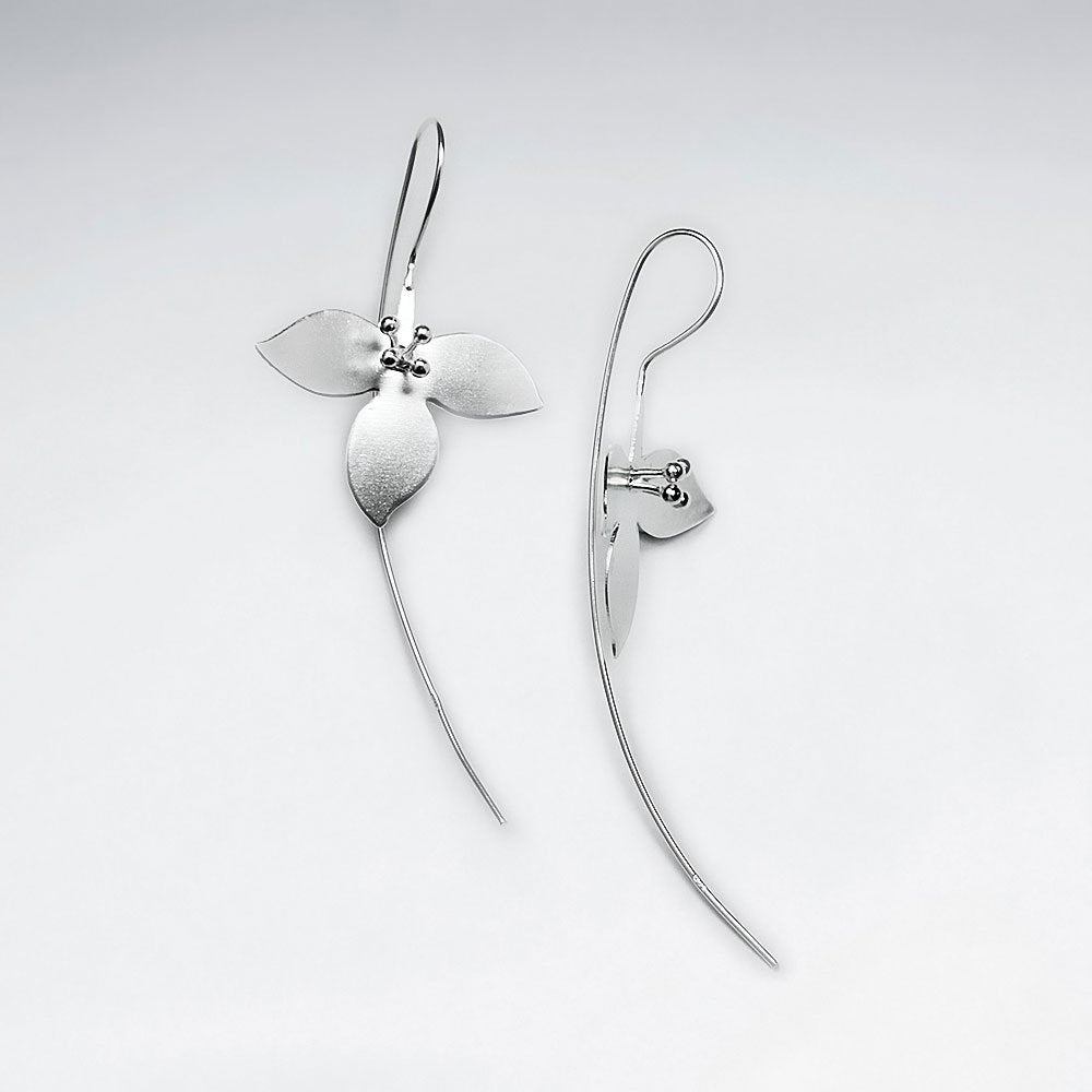 Delicate Open Blossom 3D  Silver Threader Drop Earrings