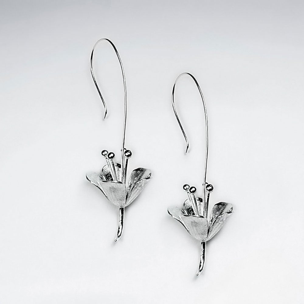 Silver Reaching Blossom Inspired Abstract Drop Hook Earrings