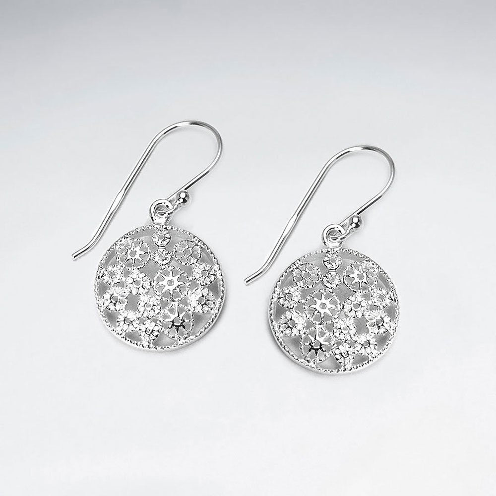 Silver Textured Circle Disc Dangle Hook Earrings