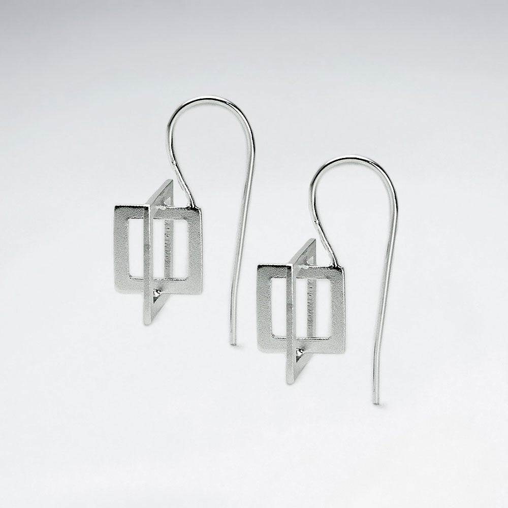 Sterling Silver Organic Design Open Square Pattern Drop Hook Earrings