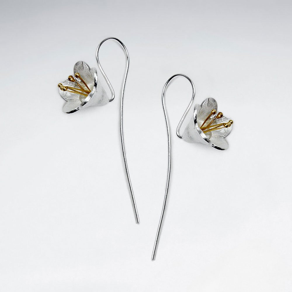 Silver Long Back Drop Hook 3D Flower Blossom Earrings