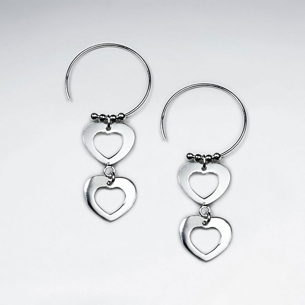 Silver Double Open Heart Round Threader Hook Dangle Earrings