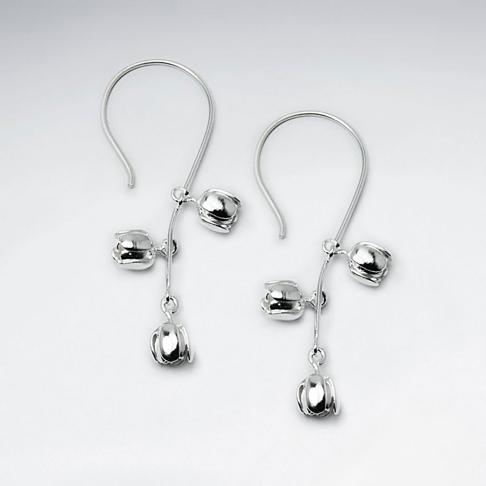 Triple Open Blossom Sterling Silver Long Drop Hook Earrings