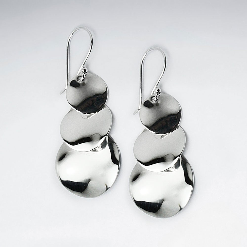 Curved Disc Triple Tiered Silver Dangle Earrings