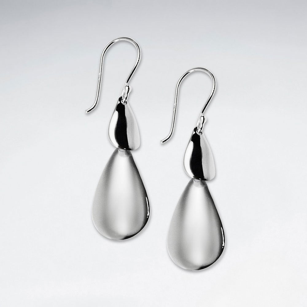 Brushed Silver Suspended Teardrop Dangle Earrings