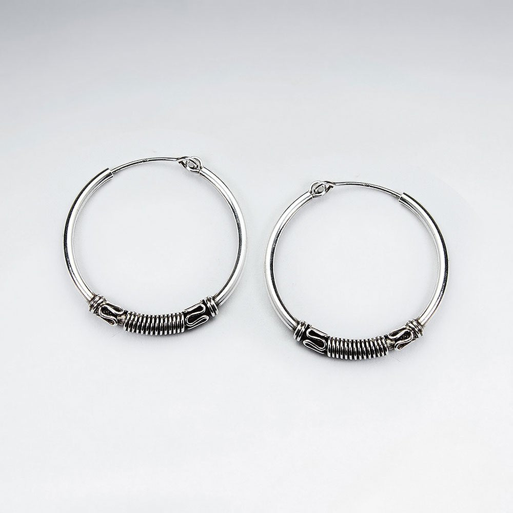 22 mm Oxidized Silver Decorated Hoop Earrings