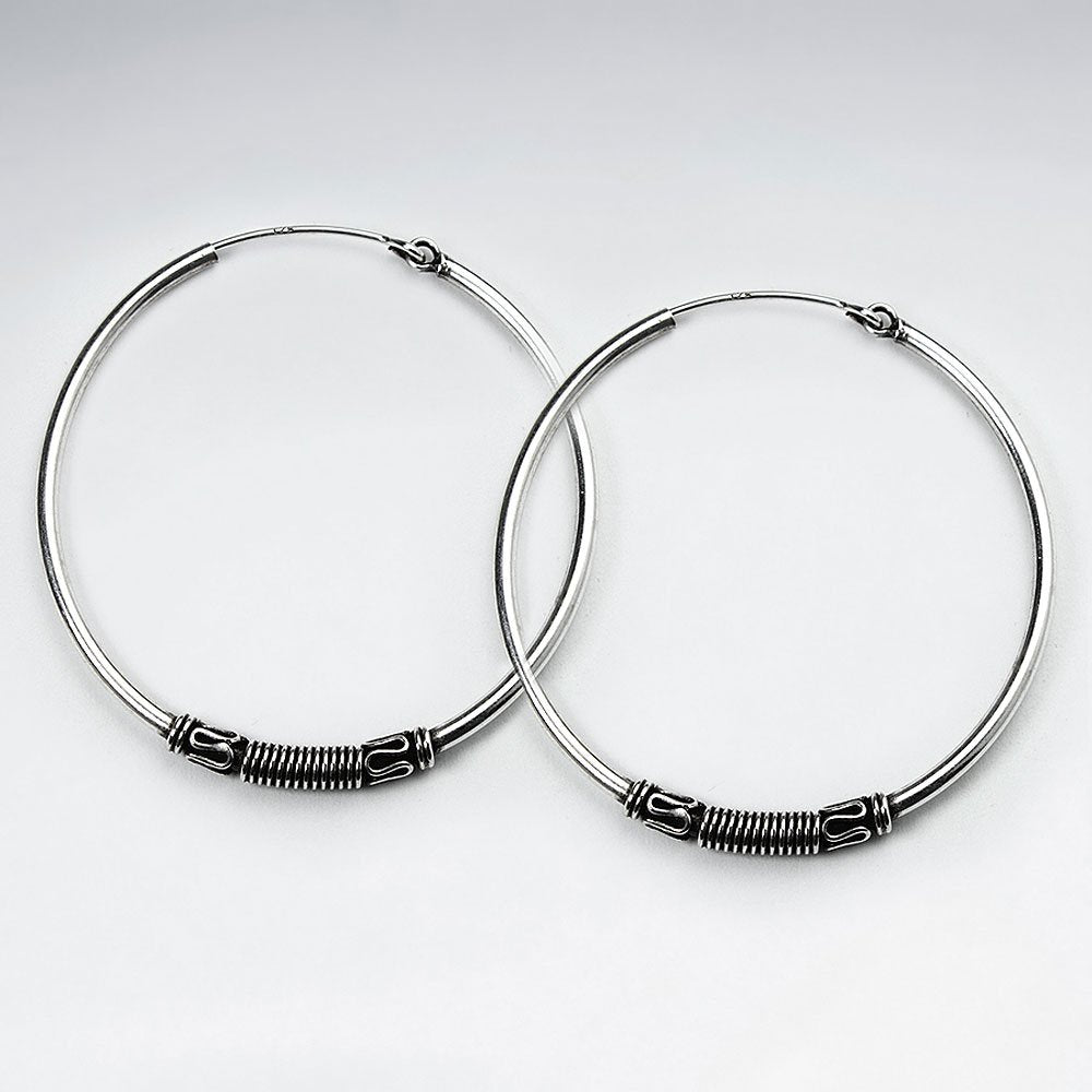 22 mm Oxidized Silver Decorated Hoop Earrings