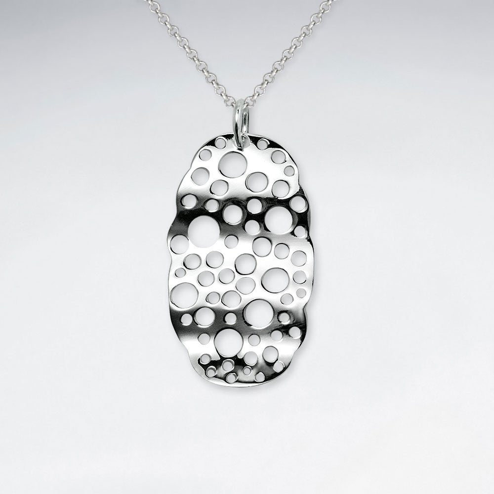 Perforated Spotted Wavy Oval Silver Pendant