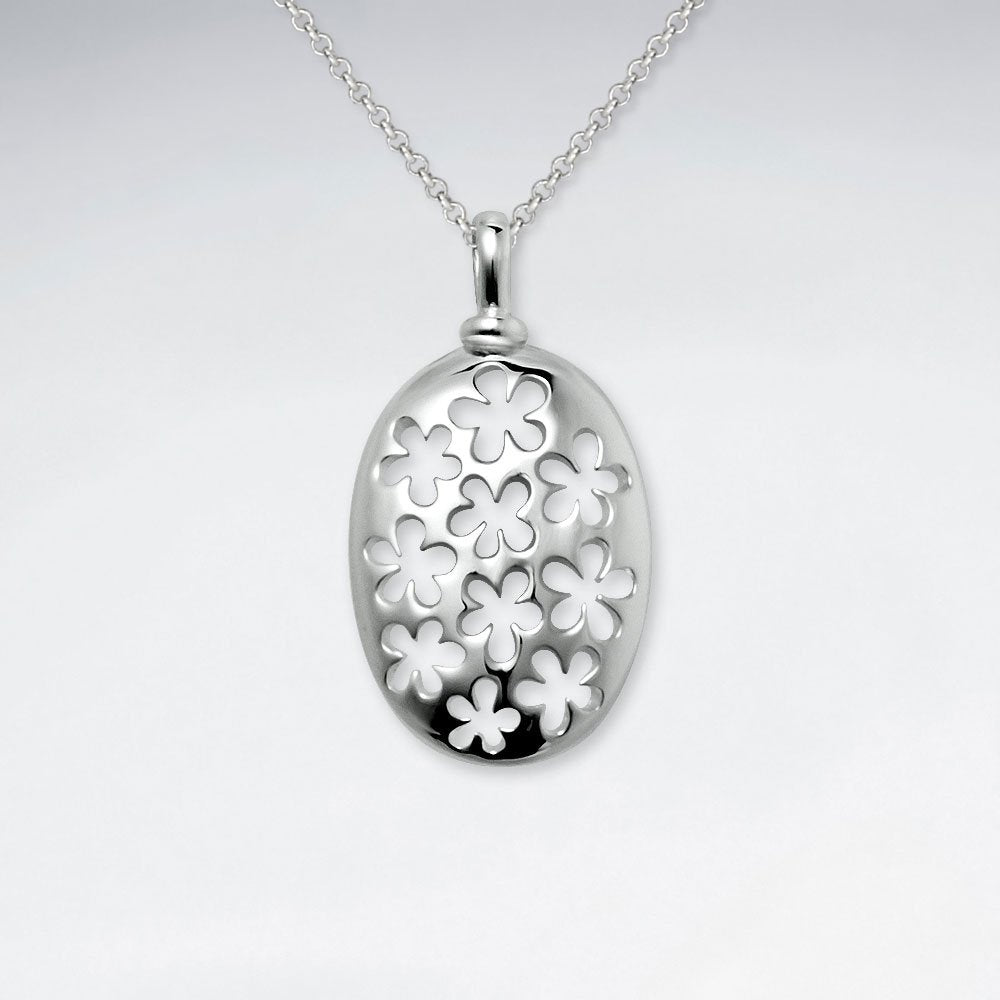 Oval Silver Pendant With Flower Cutout