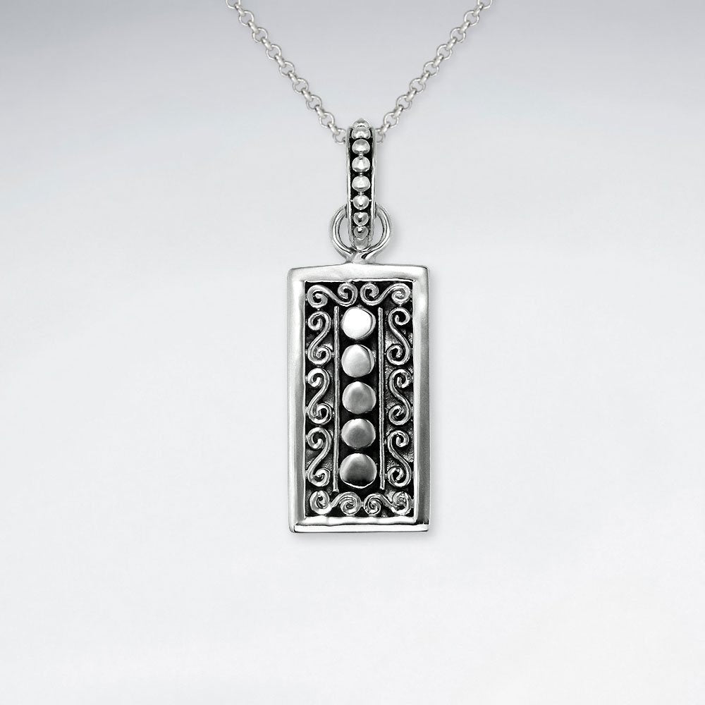 Oxidized Ornate Silver Rectangle Printed Design Pendant