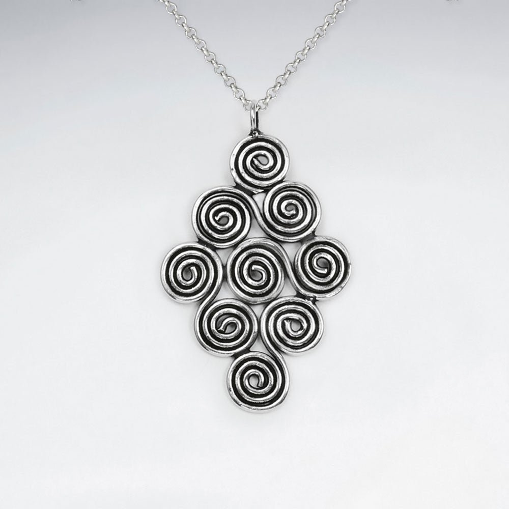Oxidized Connected Spirals Diamond Shape Oxidized Silver Pendant
