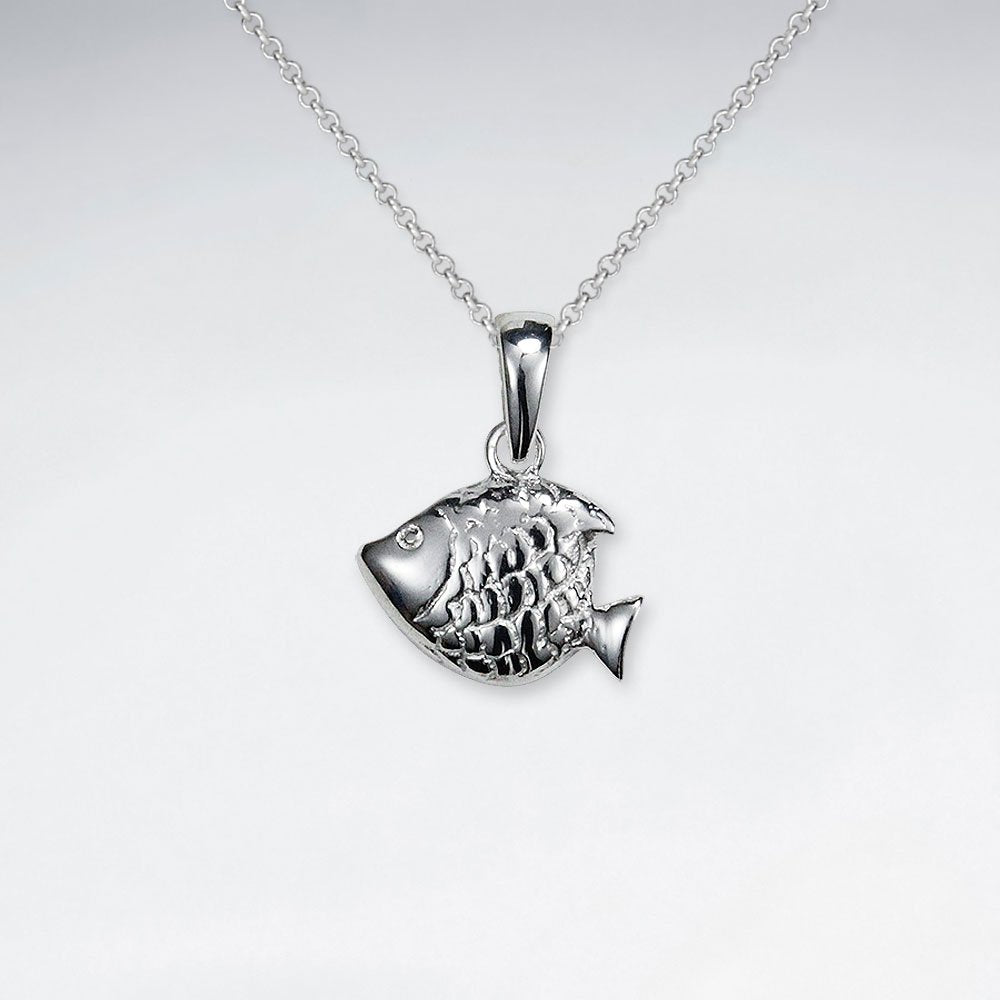 Petite Scale Textured Fish Silver Pendant
