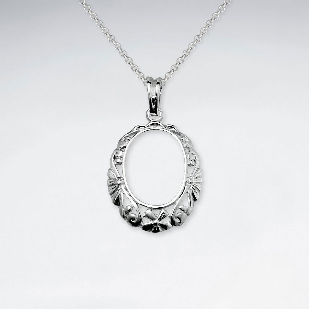 Open Oval Textured Polished Silver Pendant