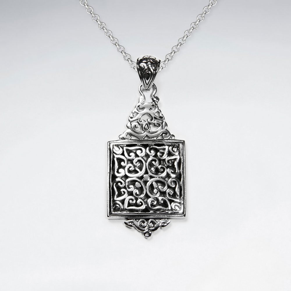 Ornate Oxidized Square Drop Silver Pendant