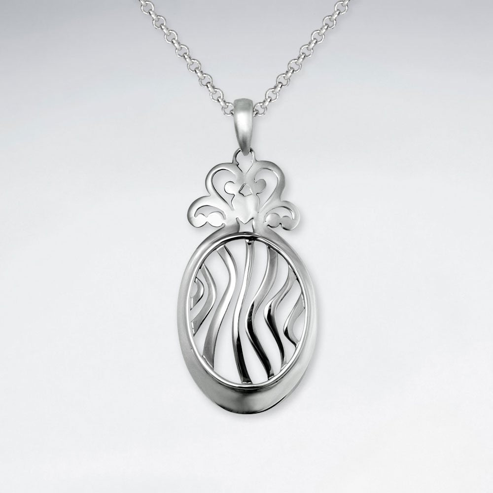 Polished Silver Open Pattern Curved Oval Pendant