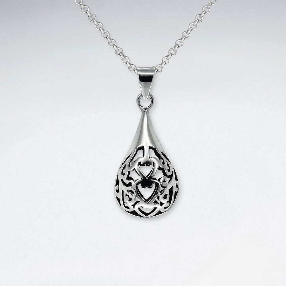 Oxidized Rounded Teardrop Filigree Polished Silver Pendant