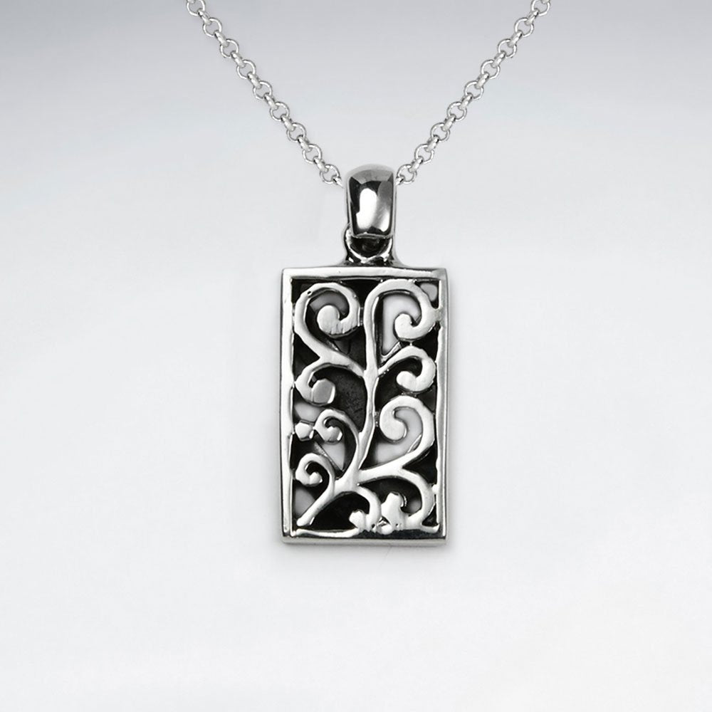 Ornate Vine Embossed Rectangle Oxidized Silver Pendant