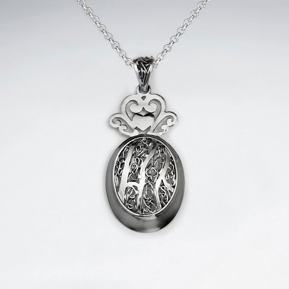 Ornate Oxidized Silver Oval Drop Pendant