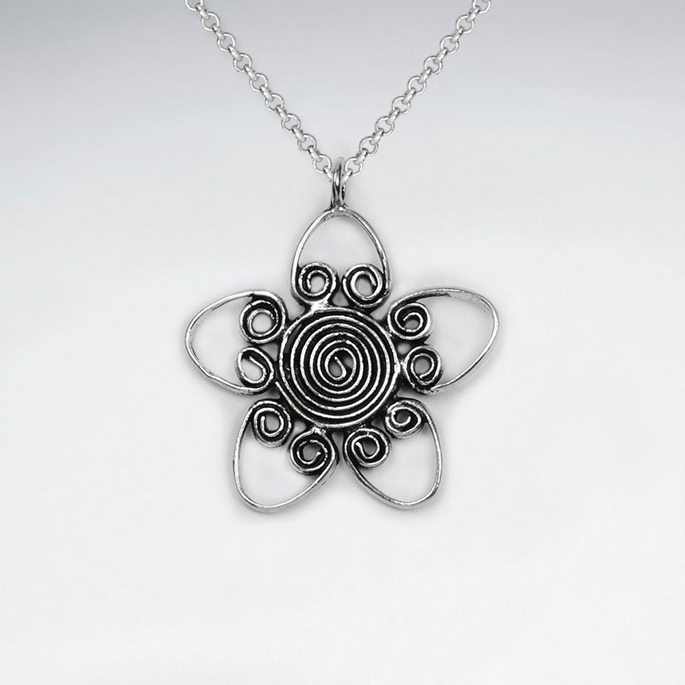 Oxidized Silver Swirl Flower Elaborate Wirework Design Pendant