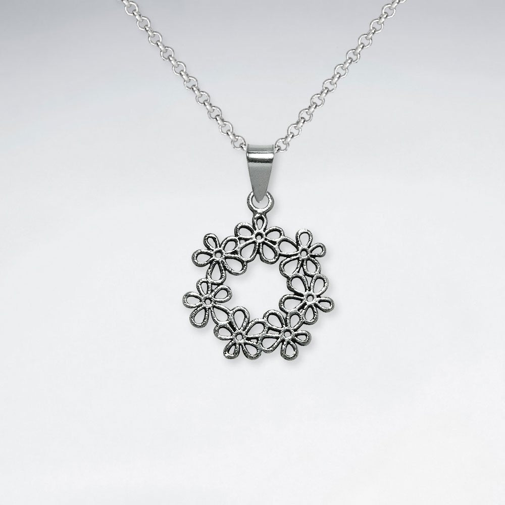 Oxidized Flower Cutout Wreath Circle Silver Pendant