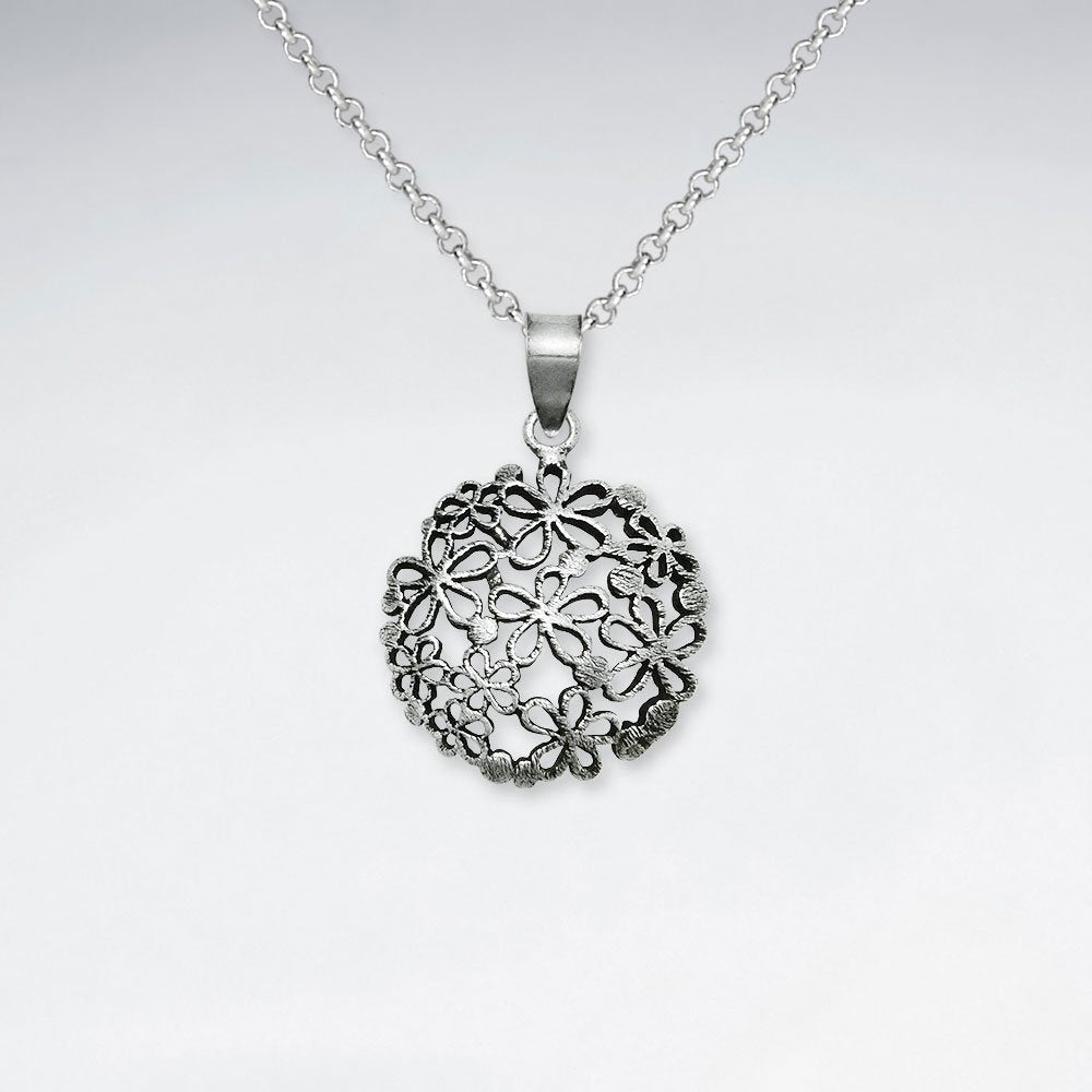 Oxidized Round Flower Cutout Circle Silver Pendant