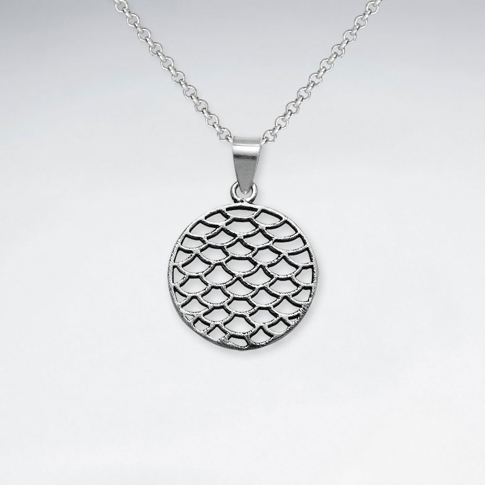 Oxidized Netted Silver Cutout Filigree Circle Disc Pendant