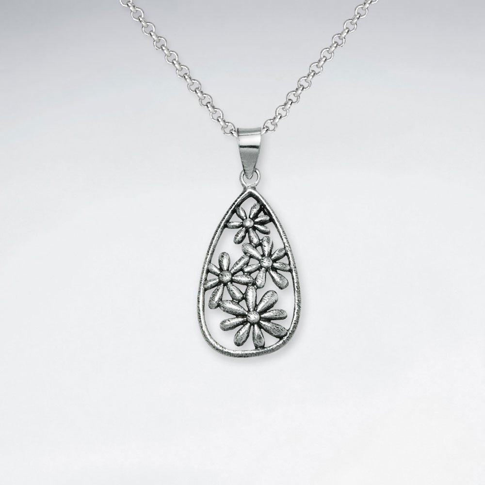 Oxidized Flower Pattern Silver Filigree Teardrop Pendant