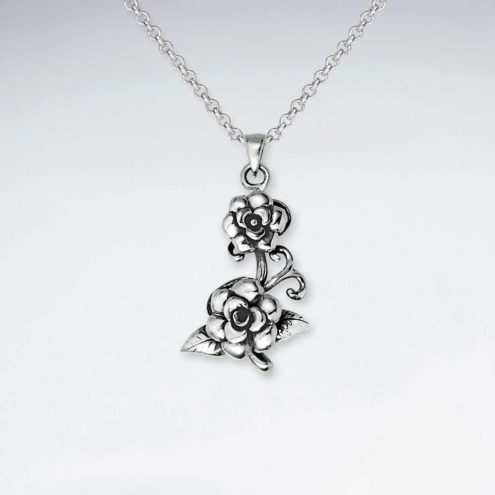 Oxidized Double Silver Rose Cutout Elegant Flower Pendant
