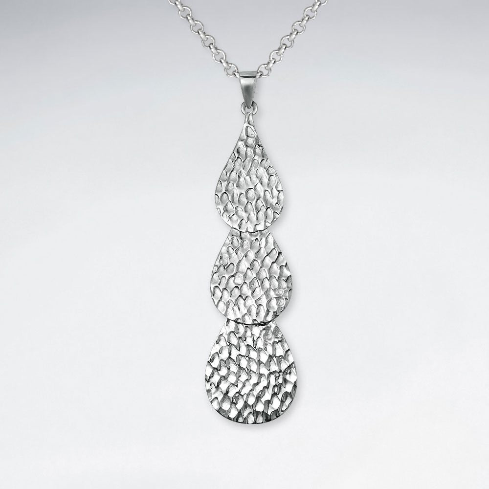 Triple Hammered Teardrop Tiered Silver Pendant