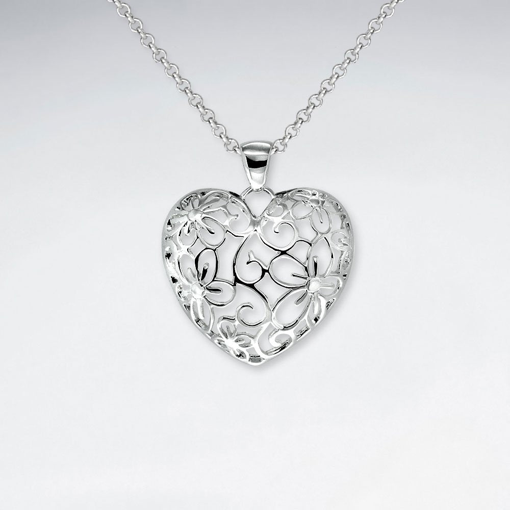 Delicate Polished Silver Filigree Heart Shape Pendant