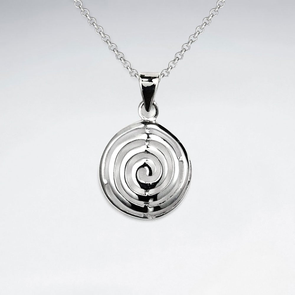 Labyrinthine Maze Pattern Polished Silver Round Circle Pendant