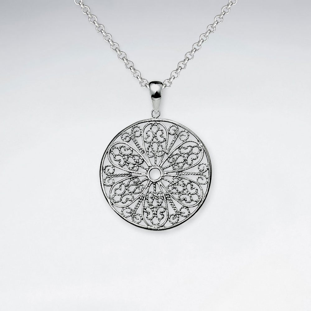 Round Cut Filigree Pattern Dangle Silver Pendant