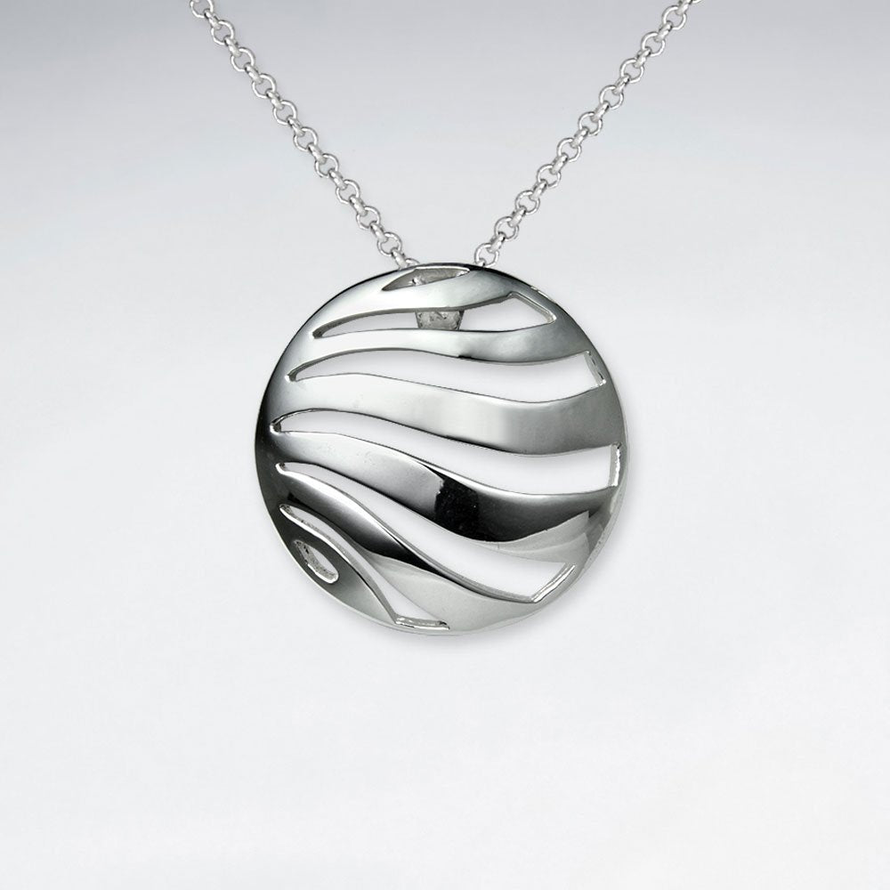 Polished Abstract Wavy Lines Circle Cutout Silver Pendant