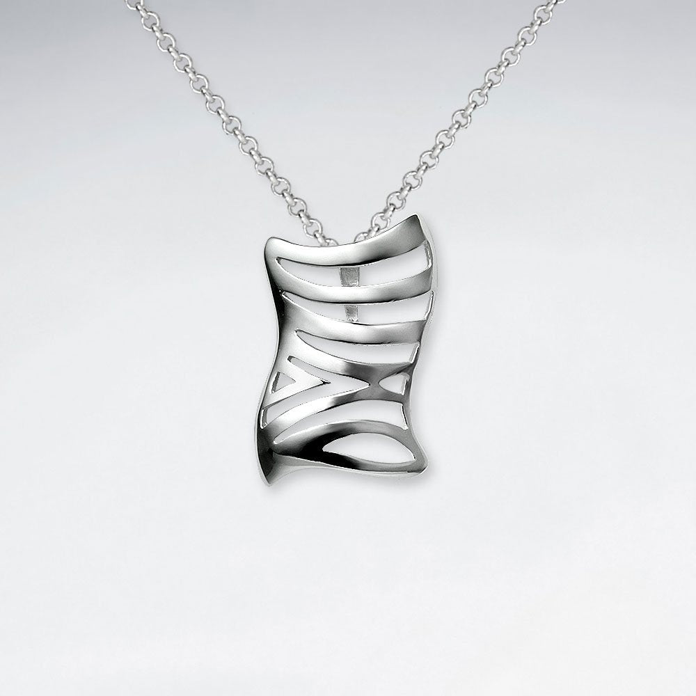 Abstract Rectangle Wavy Lines Cutout Silver Pendant