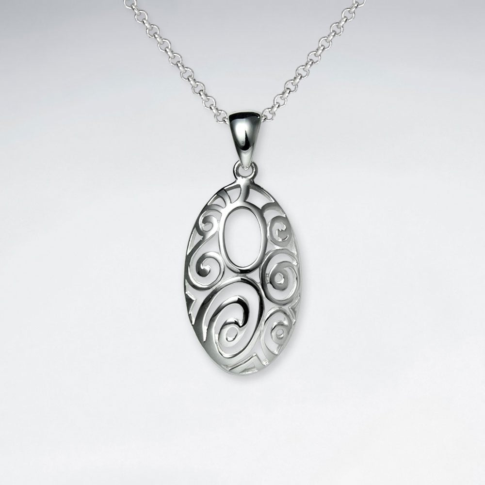 Narrow Filigree Open Oval Polished Silver Pendant
