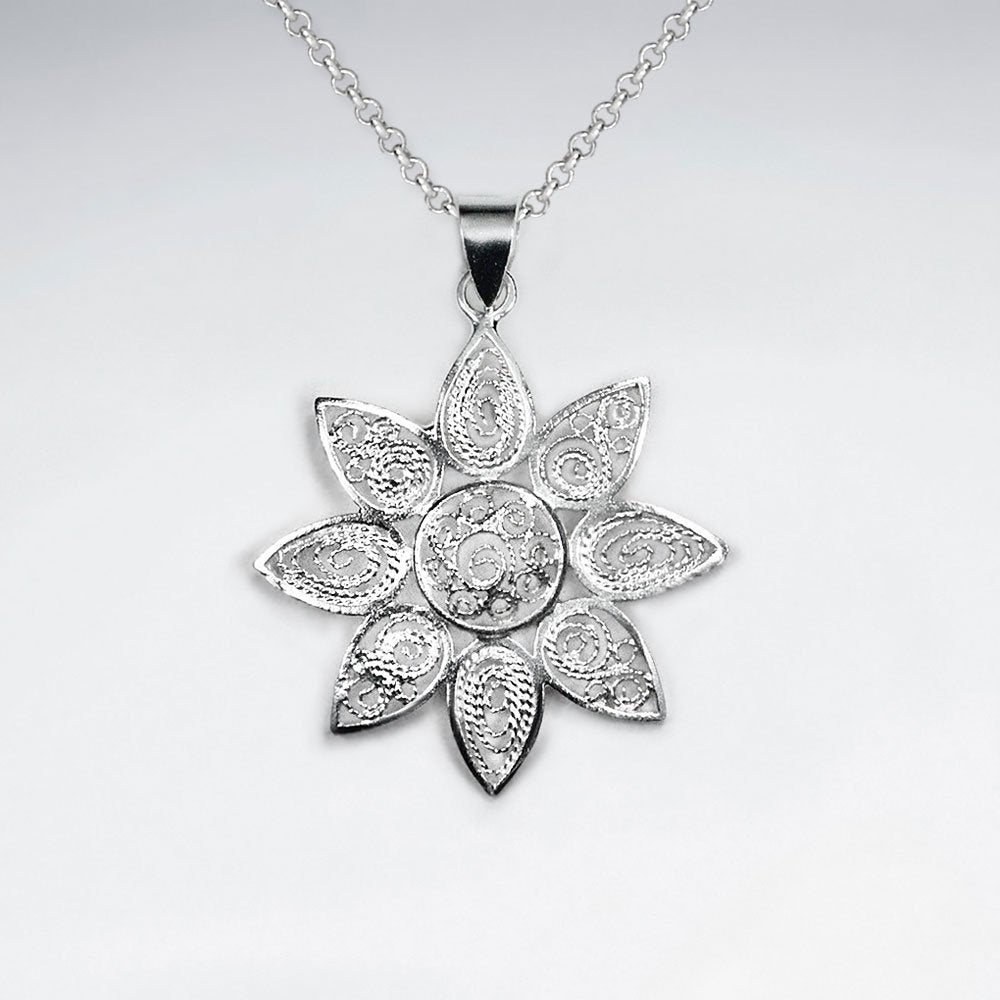 Polished Silver Brushed Textured Flower Blossom Pendant