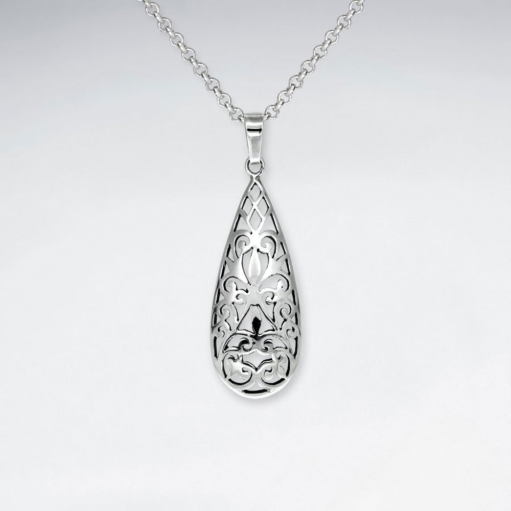 Long Teardrop Oxidized Polished Silver Filigree Pendant