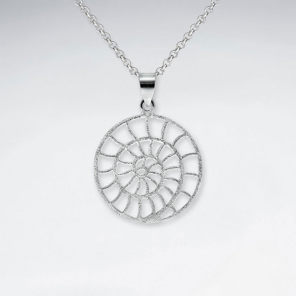 Matte Silver Fossil Shell Inspired Filigree Circle Pendant