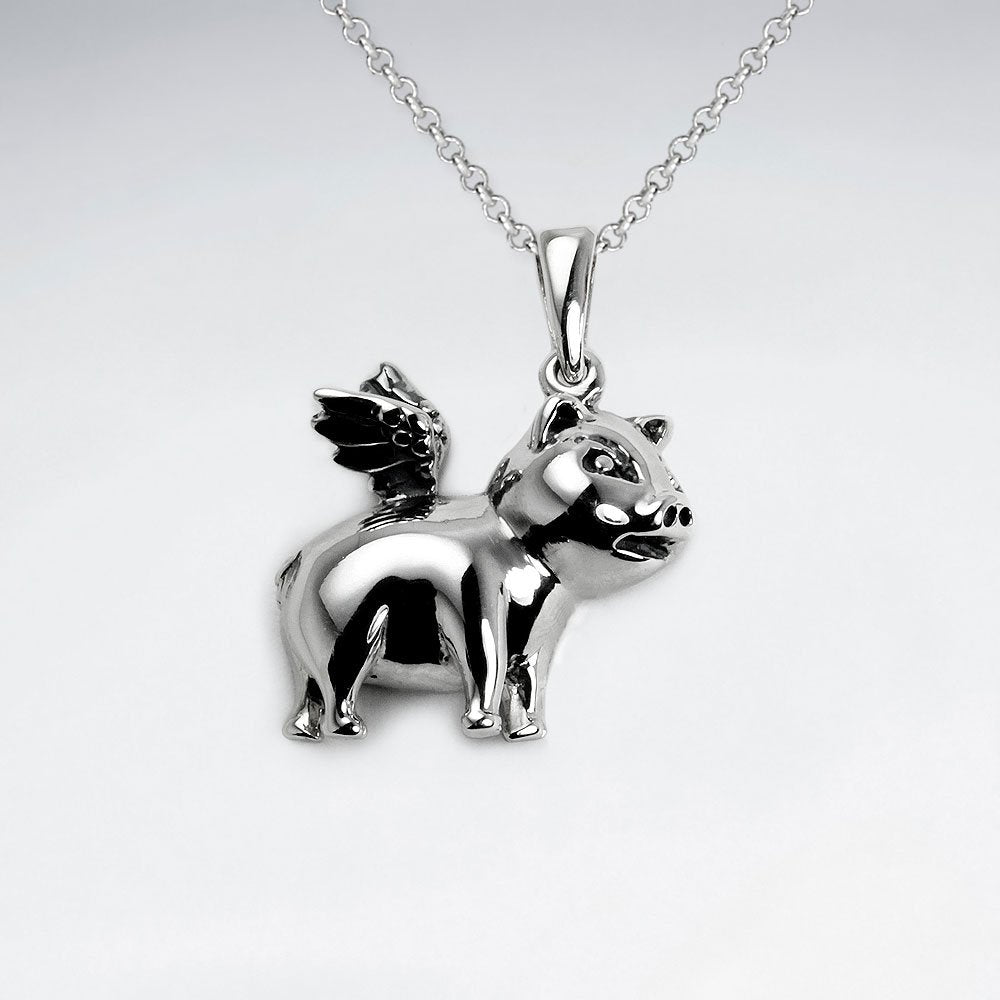 Oxidized Silver Flying Pig Charm Pendant