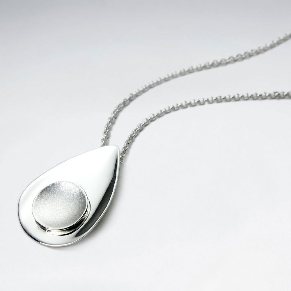 Polished Teardrop With Middle Sand Blasted Circle Silver Pendant