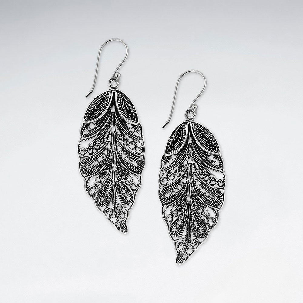 Silver Dangle Drop Filigree Plume Earrings
