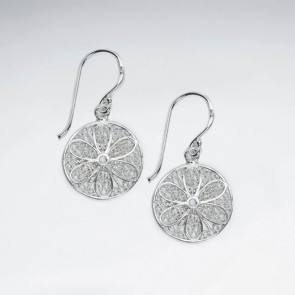 16 mm  Filigree Round Cut Pattern Dangle Silver Earrings